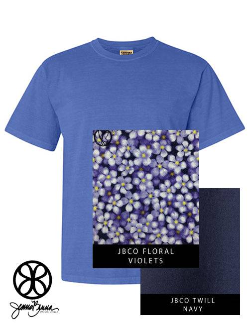 Sorority Apparel - Flo Blue Crewneck With Floral Violets On Navy Blue Twill