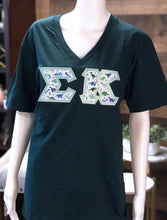 Load image into Gallery viewer, Sorority Apparel - Forest Green V-Neck With Dino &amp; Friends On Light Mint Twill
