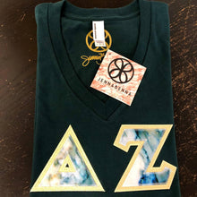 Load image into Gallery viewer, Sorority Apparel - Forest Green V-Neck With Glacier Marble On Metallic Gold Twill

