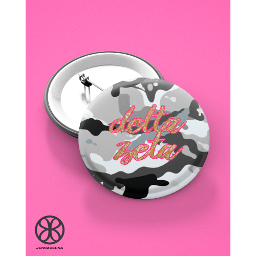 Sorority Apparel - Grey Camo Button With Pink And Gold Greek Font
