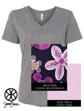 Load image into Gallery viewer, Sorority Apparel - Grey V-Neck Triblend With Vera Floral Nightingale On Light Pink Twill

