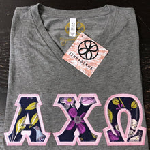 Load image into Gallery viewer, Sorority Apparel - Grey V-Neck Triblend With Vera Floral Nightingale On Light Pink Twill
