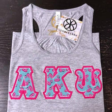 Load image into Gallery viewer, Sorority Apparel - Heather Athletic Flowy Tank With Flamingo Floats On Greek Pink Twill
