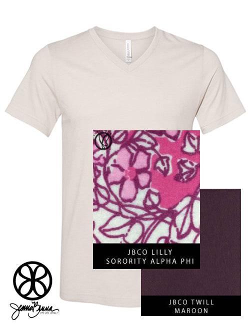 Sorority Apparel - Heather Dust V-Neck With Lilly Sorority Alpha Phi On Maroon Twill