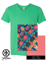 Load image into Gallery viewer, Sorority Apparel - Heather Irish Green V-Neck With Color Luscious Kaleidoscope On Dark Coral Twill
