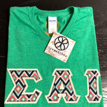 Load image into Gallery viewer, Sorority Apparel - Heather Irish Green V-Neck With Indie Kilim Shadow On Cream Twill
