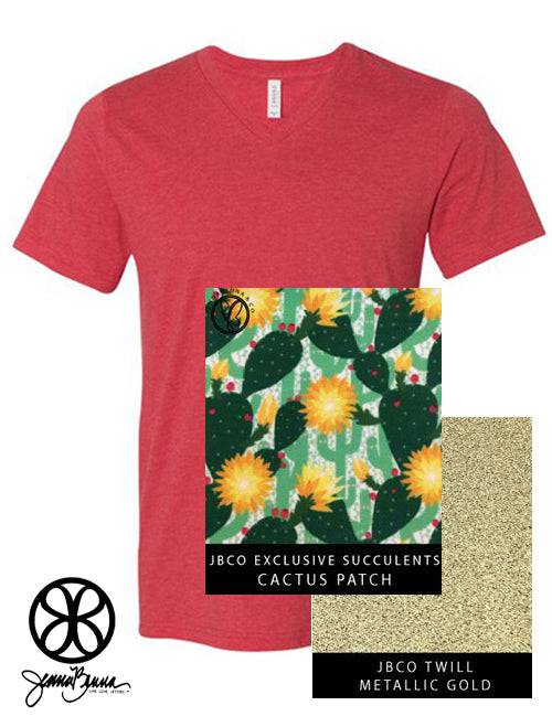 Sorority Apparel - Heather Red V-Neck With Cactus Patch Succulents On Metallic Gold Twill