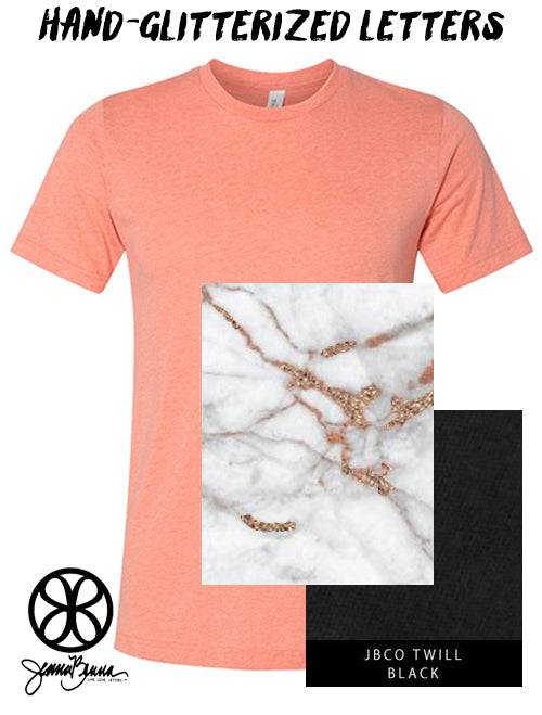 Sorority Apparel - Heather Sunset With Glitterized Goldrush Cathedral Marble On Black Twill