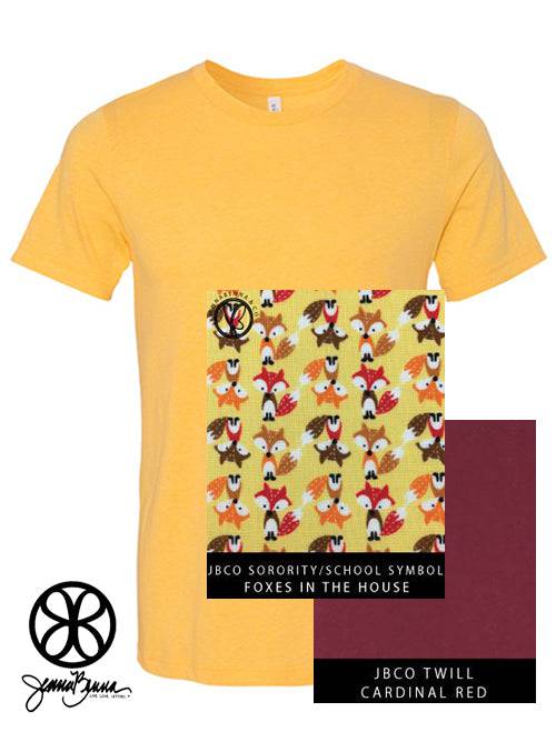 Sorority Apparel - Heather Yellow Gold Crewneck With Foxes In The House On Cardinal Red Twill
