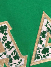 Load image into Gallery viewer, Sorority Apparel - Irish Green Crewneck With St. Patrick&#39;s Clover Patch On Metallic Gold Twill
