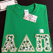 Load image into Gallery viewer, Sorority Apparel - Irish Green Crewneck With St. Patrick&#39;s Clover Patch On Metallic Gold Twill
