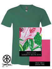 Load image into Gallery viewer, Sorority Apparel - Kelly Green V-Neck With Lilly Sorority Delta Zeta On Greek Pink Twill
