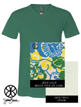 Load image into Gallery viewer, Sorority Apparel - Kelly Green V-Neck With Lilly White Pick Up Lion On Cream Twill
