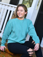 Load image into Gallery viewer, Sorority Apparel - Lagoon Blue Sweatshirt With Amy Butler Daisy Shine Confetti On Lavender Twill
