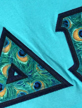 Load image into Gallery viewer, Sorority Apparel - Lagoon Blue Tank With Indie Peacock Feathers On Navy Blue Twill
