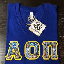 Load image into Gallery viewer, Sorority Apparel - Lapis V-Neck With Indie Artisan Market On Gold Twill
