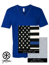Load image into Gallery viewer, Sorority Apparel - Lapis V-Neck With Thin Blue Line Flag On Metallic Silver Twill
