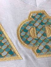 Load image into Gallery viewer, Sorority Apparel - Light Blue V-Neck With Nautical Mermaid Mint On Metallic Gold Twill
