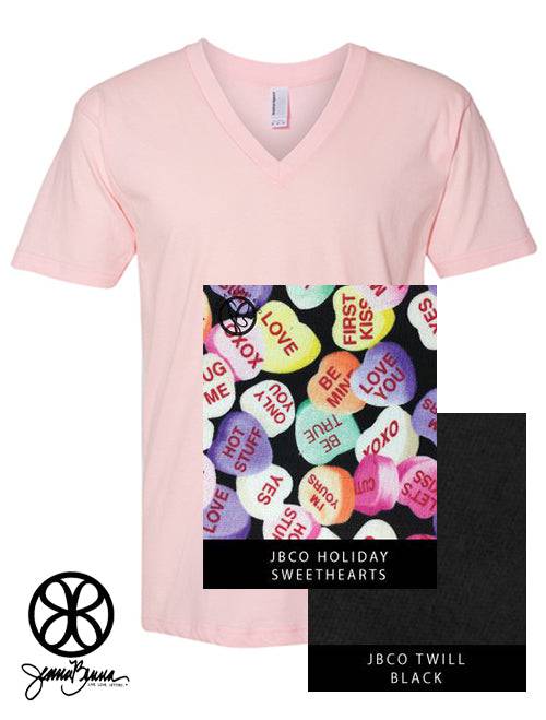 Sorority Apparel - Light Pink V-Neck With Candy Sweethearts On Black Twill