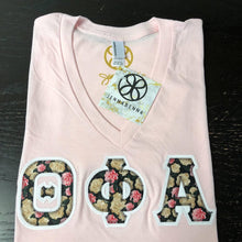Load image into Gallery viewer, Sorority Apparel - Light Pink V-Neck With Floral Calli On White Twill
