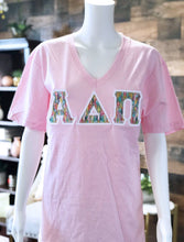 Load image into Gallery viewer, Sorority Apparel - Light Pink V-Neck With Indie Sunshine Serenade On White Twill
