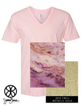 Load image into Gallery viewer, Sorority Apparel - Light Pink V-Neck With Marble Pinot Noir On Metallic Gold Twill
