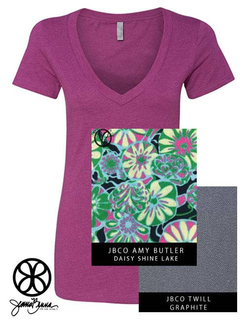 Sorority Apparel - Lush Deep V-Neck With Amy Butler Daisy Shine On Graphite Twill