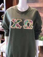 Load image into Gallery viewer, Sorority Apparel - Military Green Crewneck Sweatshirt With Amy Butler Tropi Cana Coral On Metallic Gold Twill
