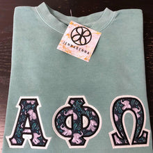 Load image into Gallery viewer, Sorority Apparel - Mint Pigment Dyed Crewneck Sweatshirt With Gracie Grey On Metallic Pearl Twill
