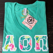Load image into Gallery viewer, Sorority Apparel - Mint V-Neck With Lilly Cote De Azure On White Twill
