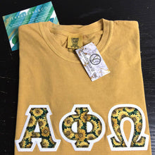 Load image into Gallery viewer, Sorority Apparel - Mustard Crewneck With Floral Sunflowers On White Twill
