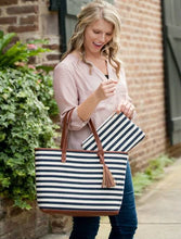 Load image into Gallery viewer, Sorority Apparel - Navy Chandler Stripe Tassel Embroidered Tote Bag
