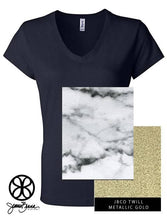 Load image into Gallery viewer, Sorority Apparel - Navy  Slim V Neck With Marble Bianco Venato On Metallic Gold Twill

