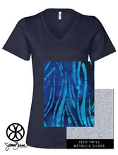 Load image into Gallery viewer, Sorority Apparel - Navy  V Neck With Batik Tropical Water On Metallic Silver Twill
