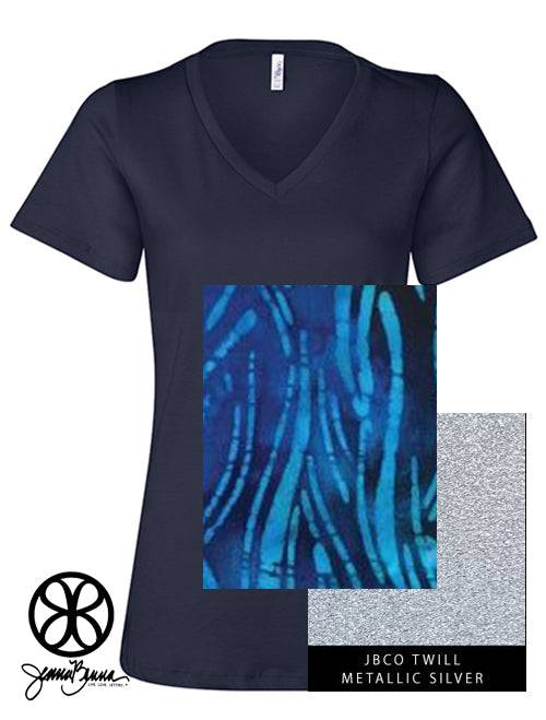 Sorority Apparel - Navy  V Neck With Batik Tropical Water On Metallic Silver Twill