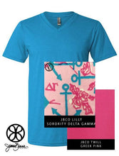 Load image into Gallery viewer, Sorority Apparel - Neon Blue V-Neck With Lilly Sorority Delta Gamma On Greek Pink Twill
