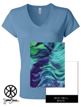 Load image into Gallery viewer, Sorority Apparel - Ocean  Slim V Neck With Batik Tiger Fish Ocean On White Twill
