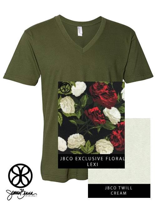 Sorority Apparel - Olive V-Neck With Floral Lexi On Cream Twill