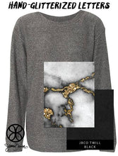 Load image into Gallery viewer, Sorority Apparel - Oxford Grey Crewneck Sweatshirt With Hand Glitterized Marble Goldrush Dusk On Black Twill
