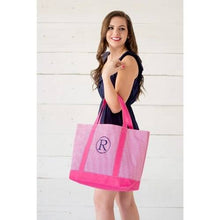 Load image into Gallery viewer, Sorority Apparel - Pink Pinstripe Emboridered Beach Boat Tote
