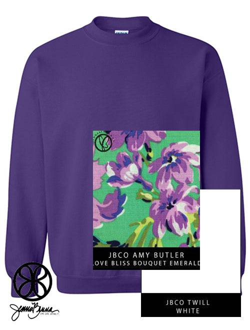 Sorority Apparel - Purple Crewneck Sweatshirt With Amy Butler Love Bliss Bouquet Emerald On White Twill