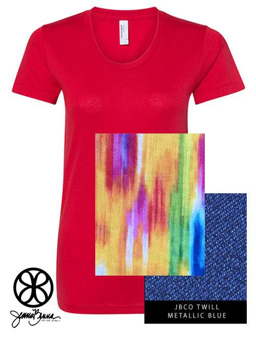 Sorority Apparel - Red Crewneck With Color Luscious Vivid Abstract Warm On Metallic Blue Twill
