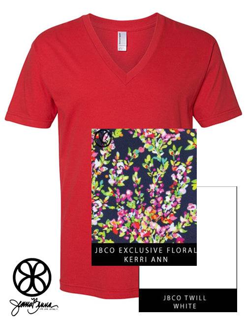 Sorority Apparel - Red V-Neck With Kerry Ann Floral On White Twill