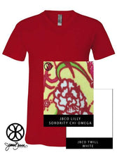 Load image into Gallery viewer, Sorority Apparel - Red V-Neck With Lilly Sorority Chi Omega On White Twill
