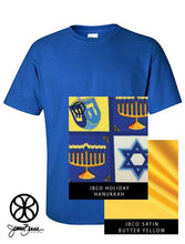Load image into Gallery viewer, Sorority Apparel - Royal Blue Crewneck With Hanukkah On Butter Yellow Satin
