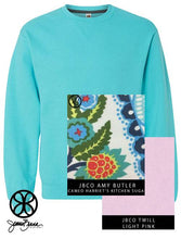 Load image into Gallery viewer, Sorority Apparel - Scuba Blue Crewneck Sweatshirt With Amy Butler Harriet&#39;s Kitchen On Light Pink Twill
