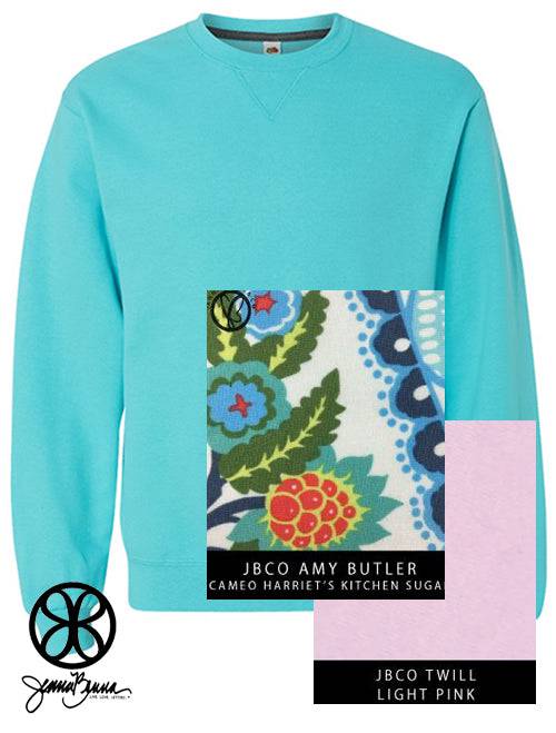 Sorority Apparel - Scuba Blue Crewneck Sweatshirt With Amy Butler Harriet's Kitchen On Light Pink Twill
