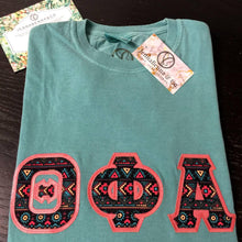 Load image into Gallery viewer, Sorority Apparel - Seafoam Long Sleeve With Indie Vanessa On Dark Coral Twill
