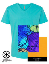 Load image into Gallery viewer, Sorority Apparel - Tahiti Blue V Neck With Color Luscious Colorfiles On Gold Twill
