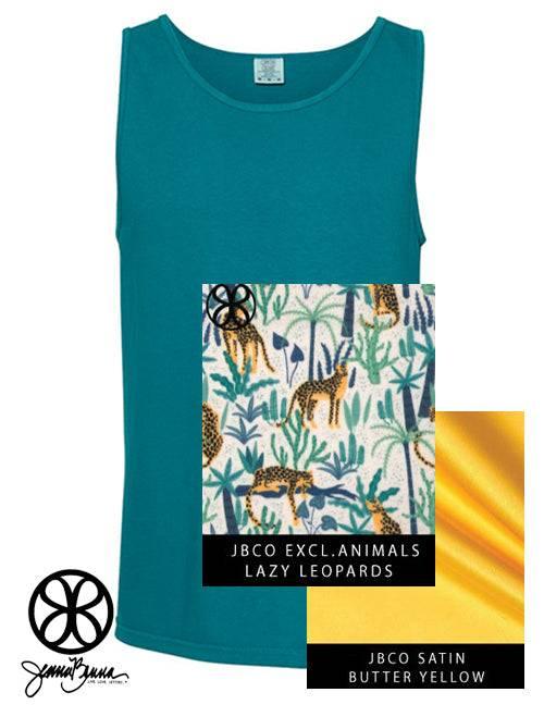 Sorority Apparel - Topaz Blue Tank With Lazy Leopards On Butter Yellow Satin